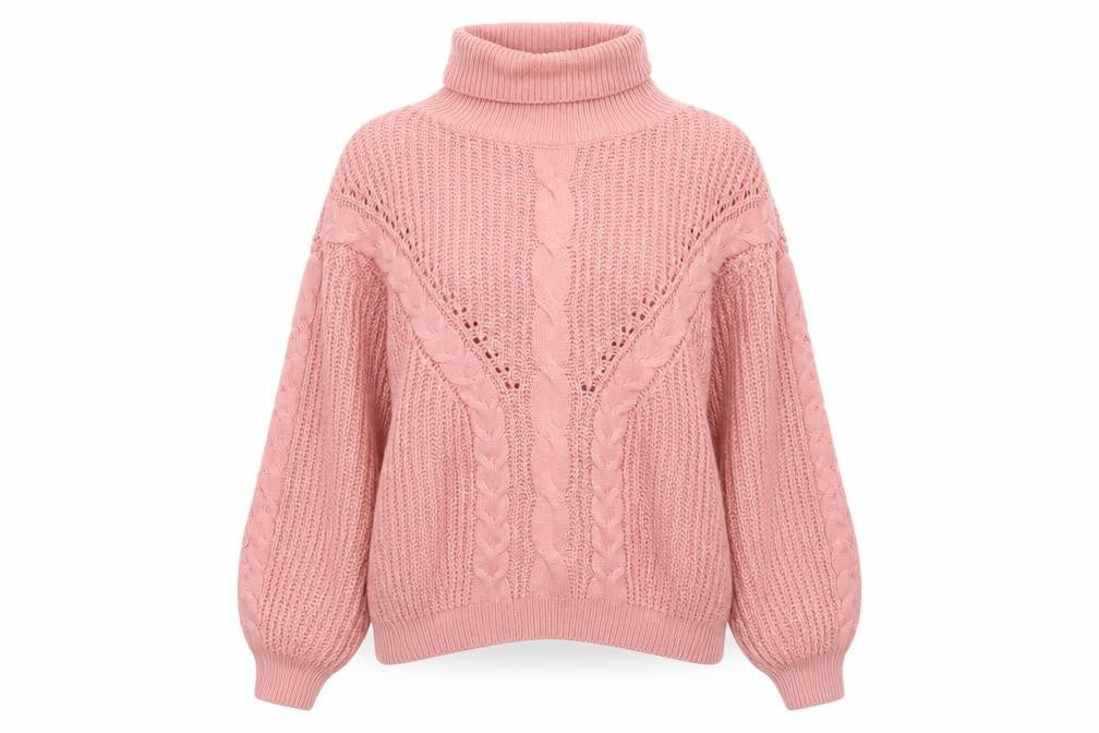 Front view of QED LDN women’s pink roll neck chunky knit jumper, size M