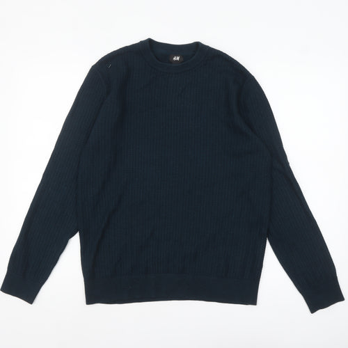 H&M Men’s Blue Cotton Blend Waffle-Knit Crew Neck Jumper Size S