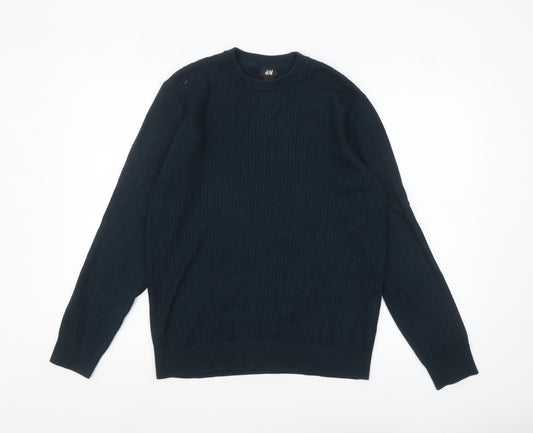 H&M Men’s Blue Cotton Blend Waffle-Knit Crew Neck Jumper Size S
