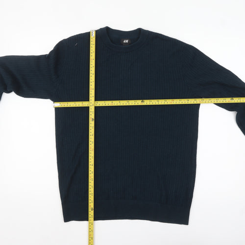 H&M Men’s Blue Cotton Blend Waffle-Knit Crew Neck Jumper Size S
