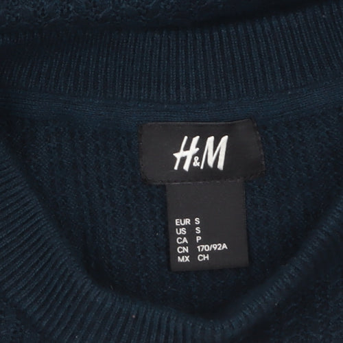 H&M Men’s Blue Cotton Blend Waffle-Knit Crew Neck Jumper Size S