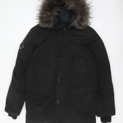 Superdry Women's Black Down Parka Coat S Faux Fur Hood Winter Jacket