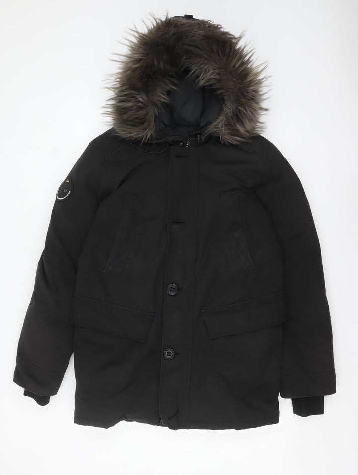 Superdry Women's Black Down Parka Coat S Faux Fur Hood Winter Jacket
