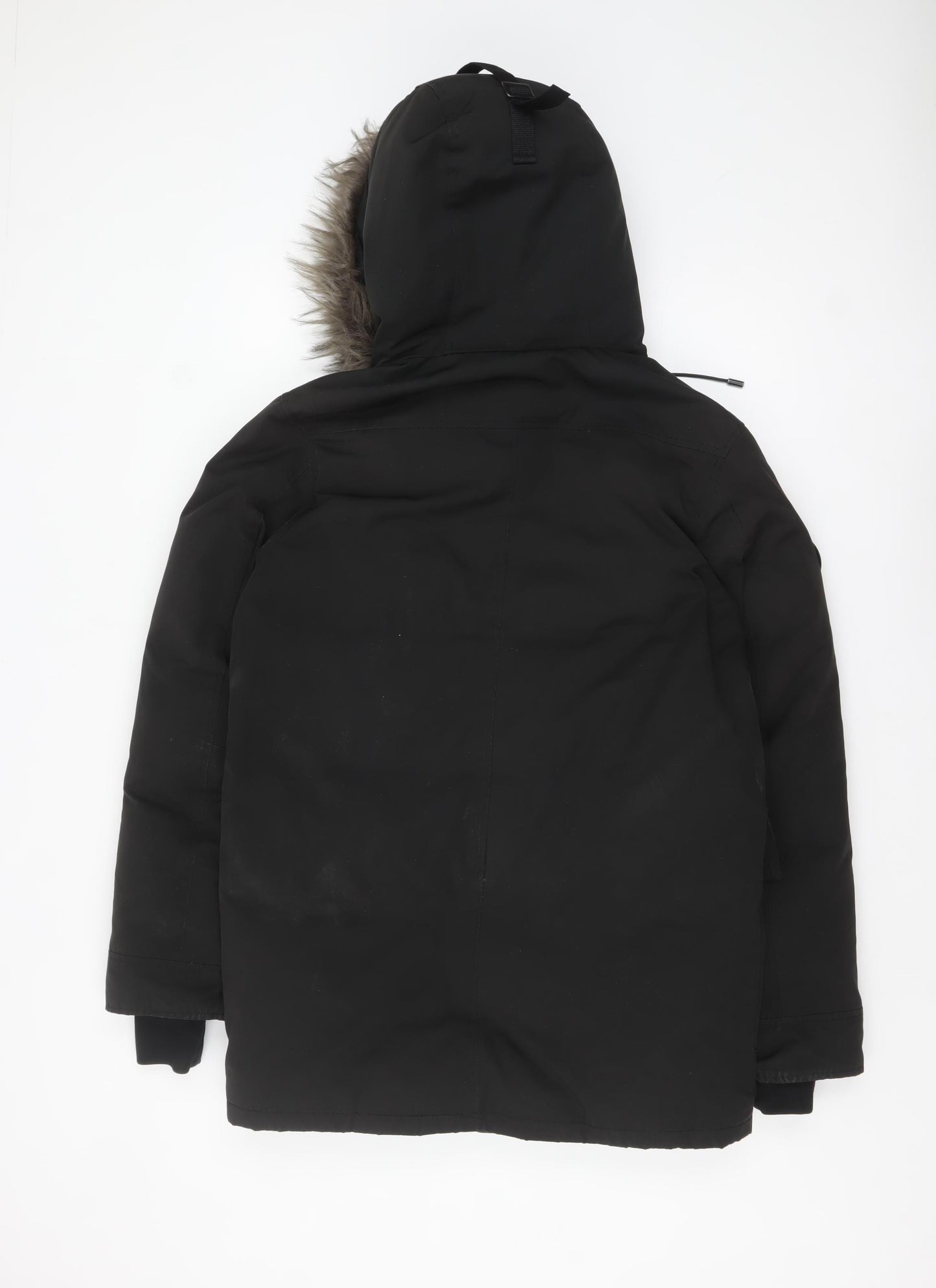 Superdry Women's Black Down Parka Coat S Faux Fur Hood Winter Jacket