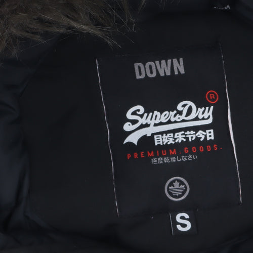 Superdry Women's Black Down Parka Coat S Faux Fur Hood Winter Jacket