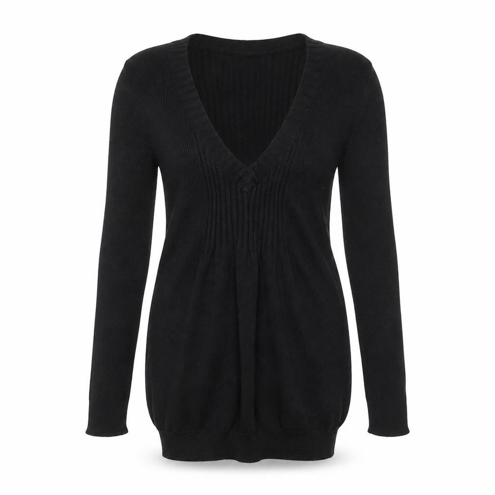 Front view of Mango Basics women’s black v-neck long sleeve tunic jumper, size UK 8