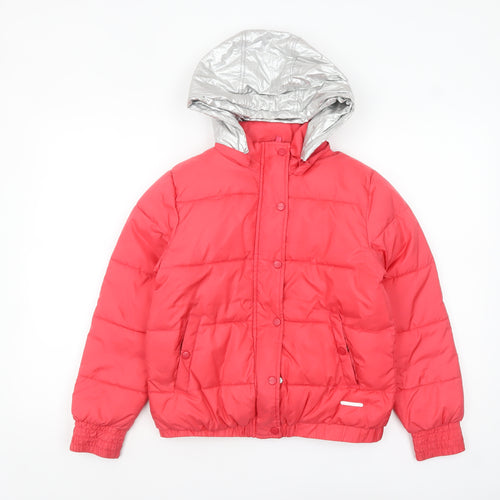 DKNY Women’s Pink Short Puffer Jacket XS Hooded Logo Winter Coat