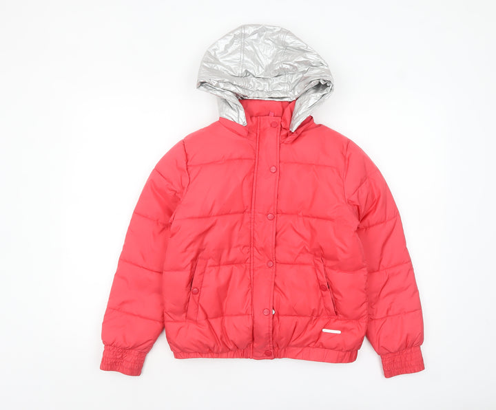 DKNY Women’s Pink Short Puffer Jacket XS Hooded Logo Winter Coat