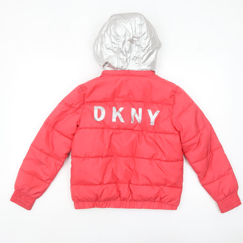 DKNY Women’s Pink Short Puffer Jacket XS Hooded Logo Winter Coat