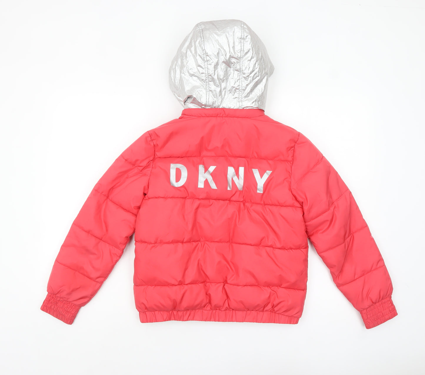 DKNY Women’s Pink Short Puffer Jacket XS Hooded Logo Winter Coat