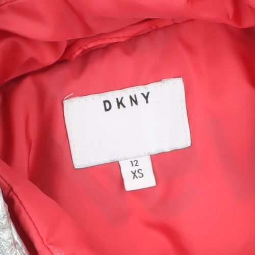 DKNY Women’s Pink Short Puffer Jacket XS Hooded Logo Winter Coat