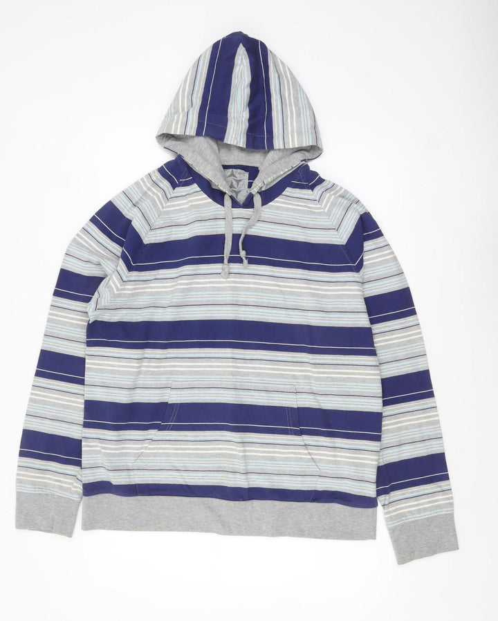 Next Men's Blue Striped Pullover Hoodie Size L Cotton Blend