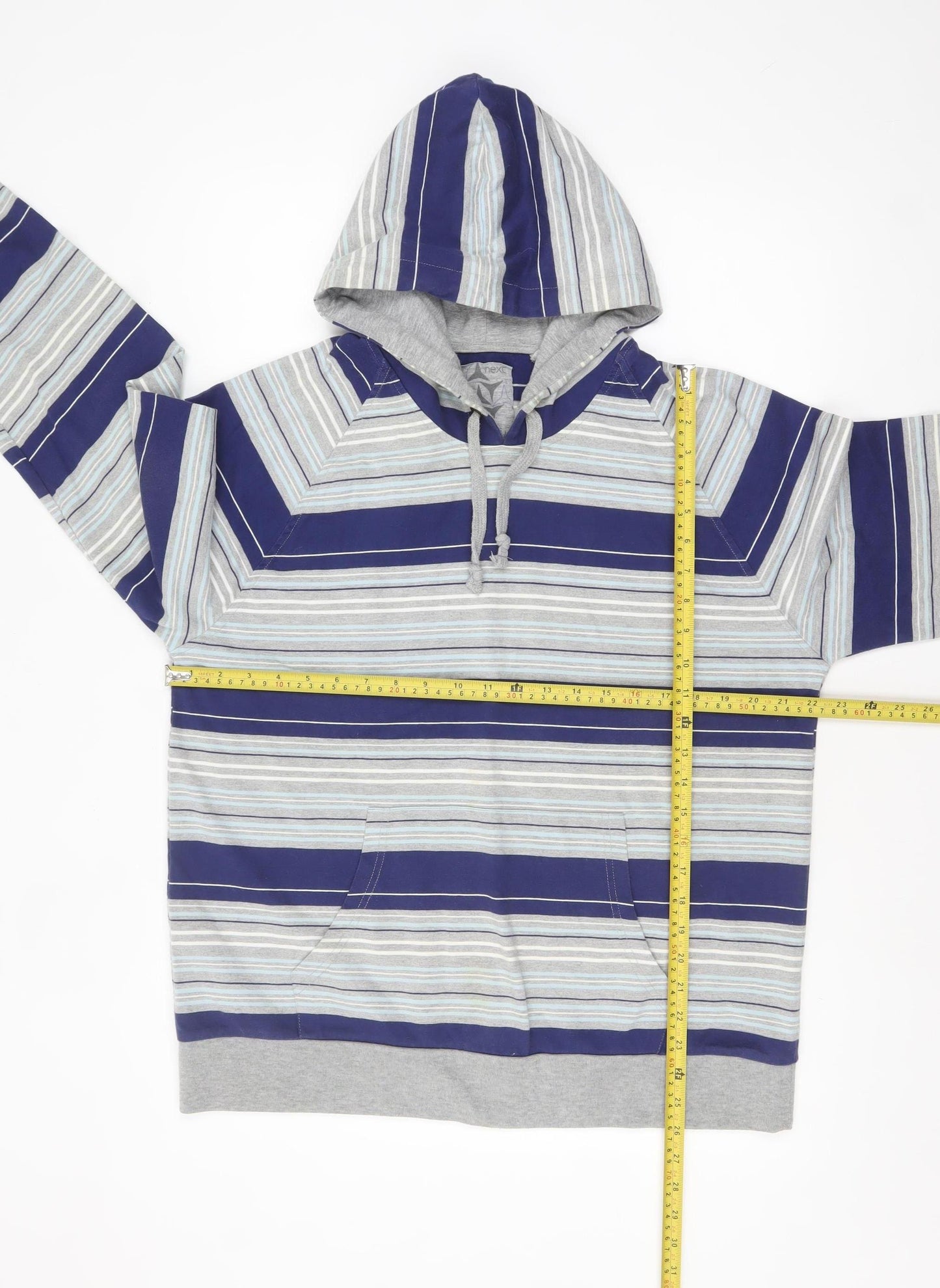 Next Men's Blue Striped Pullover Hoodie Size L Cotton Blend