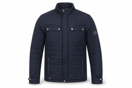Front view of Regatta Men's Blue Quilted Mid-Length Jacket, size S, Outdoor Style