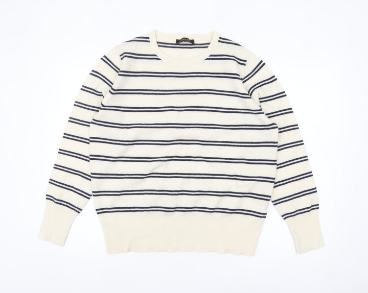 Jaeger Men’s Ivory Striped Wool Cashmere Crew Neck Jumper XL