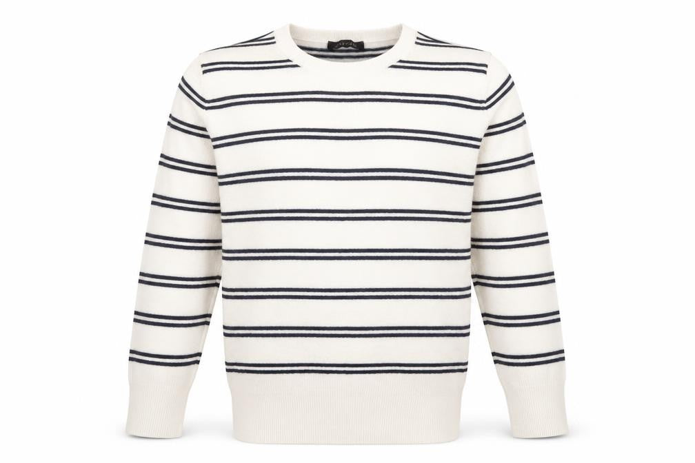 Front view of Jaeger Men’s Ivory Striped Wool Cashmere Crew Neck Jumper XL