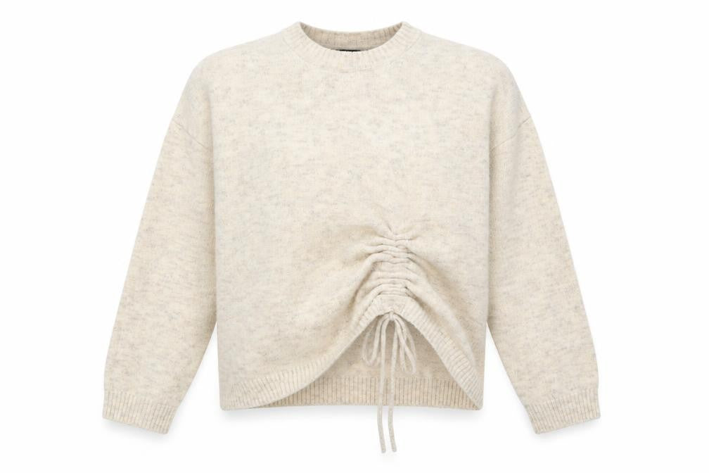Front view of French Connection Women Beige Crew Neck Ruched Jumper, size S