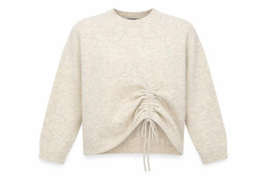 Front view of French Connection Women Beige Crew Neck Ruched Jumper, size S