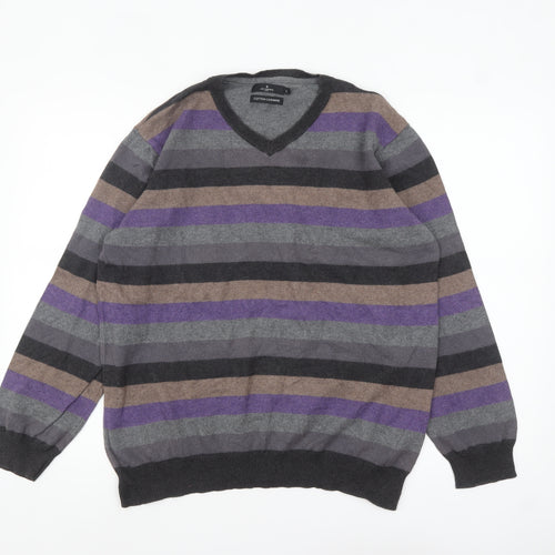 Jeff Banks Men's Multicoloured Striped V-Neck Cotton Cashmere Jumper L
