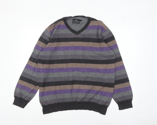 Jeff Banks Men's Multicoloured Striped V-Neck Cotton Cashmere Jumper L