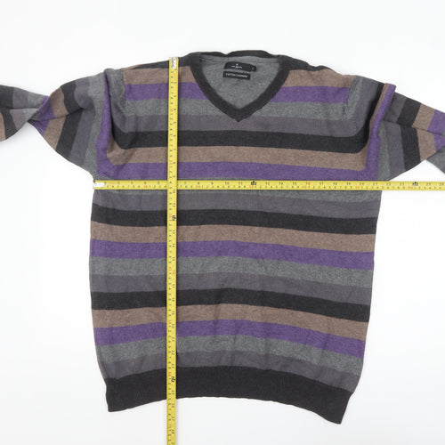 Jeff Banks Men's Multicoloured Striped V-Neck Cotton Cashmere Jumper L