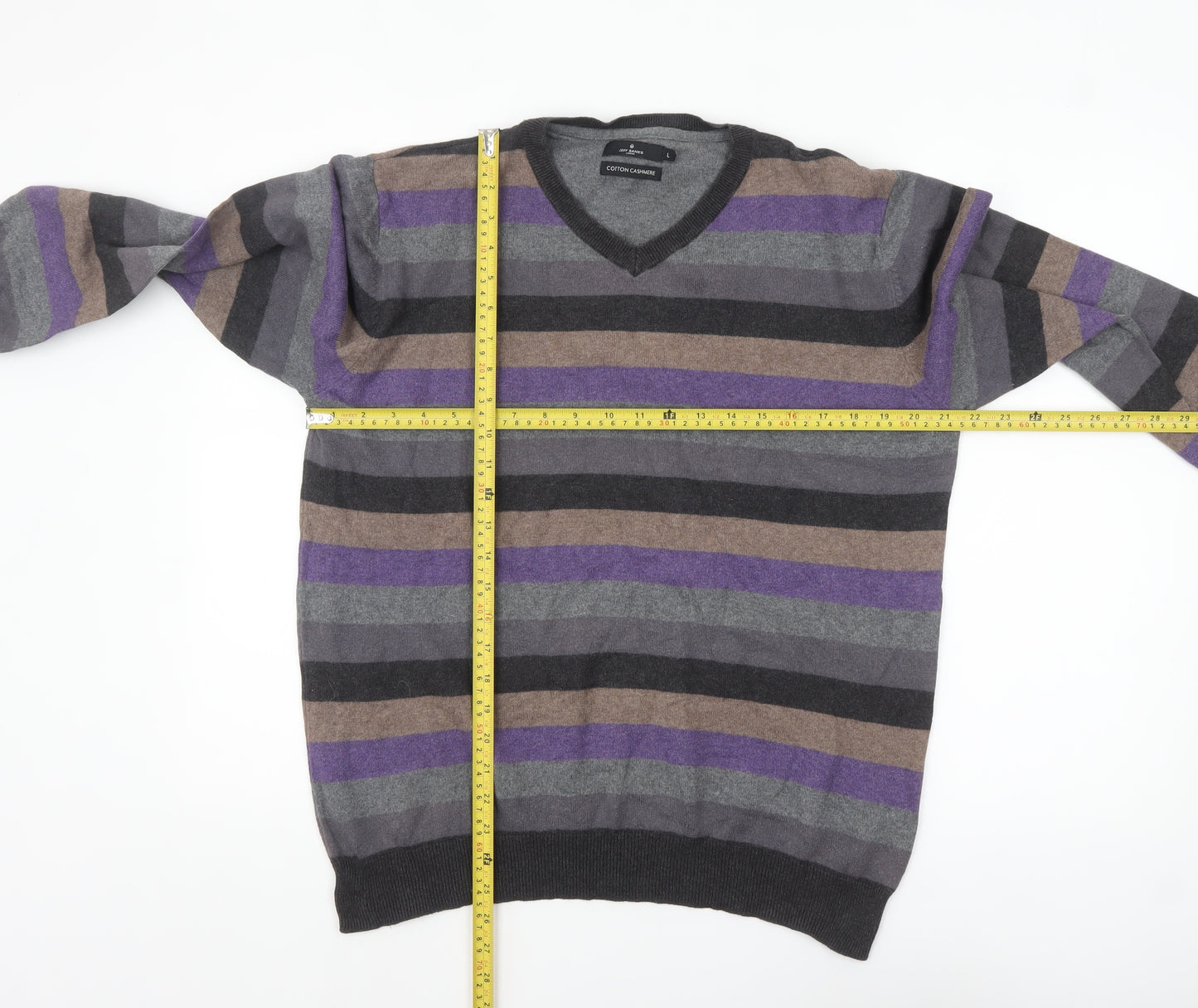 Jeff Banks Men's Multicoloured Striped V-Neck Cotton Cashmere Jumper L