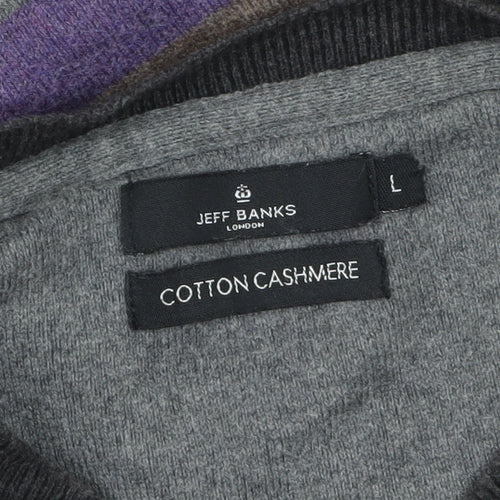 Jeff Banks Men's Multicoloured Striped V-Neck Cotton Cashmere Jumper L