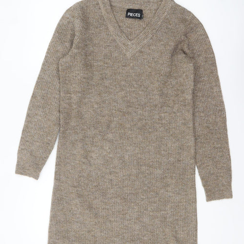 Pieces Women Beige V-Neck Long Sleeve Knit Jumper Size S