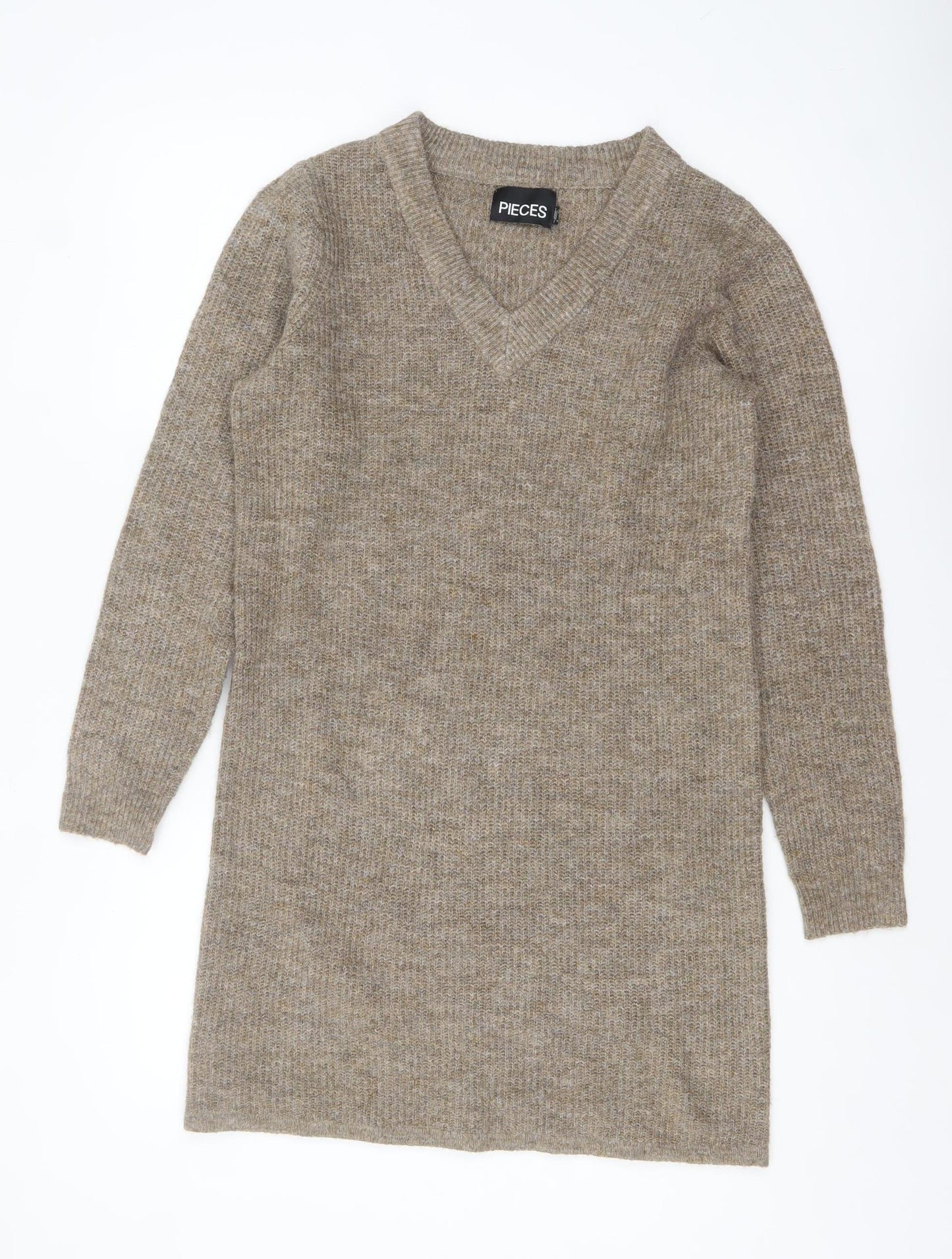 Pieces Women Beige V-Neck Long Sleeve Knit Jumper Size S