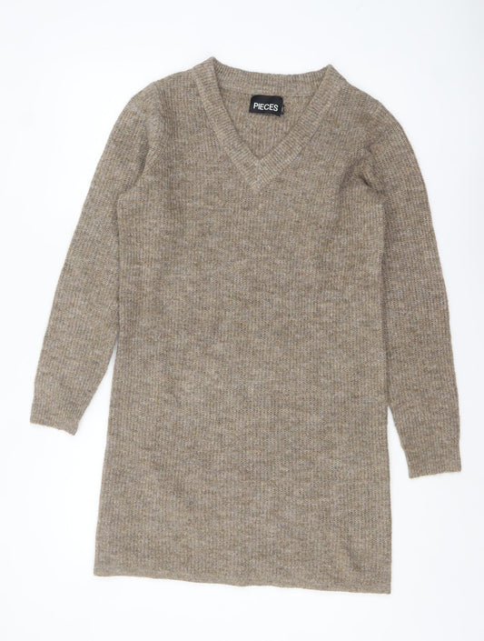 Pieces Women Beige V-Neck Long Sleeve Knit Jumper Size S