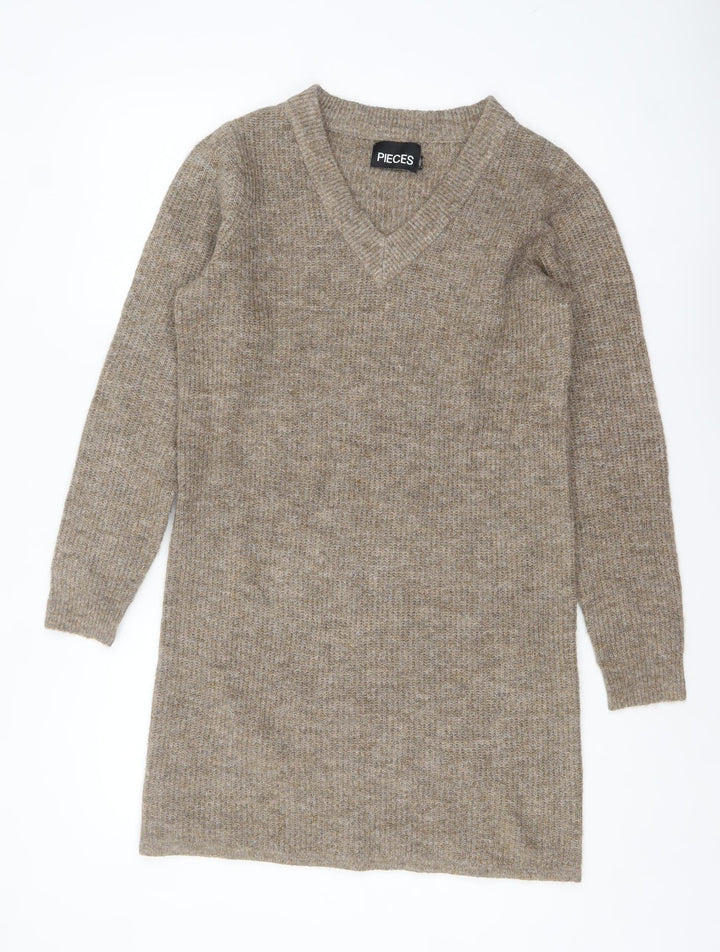 Pieces Women Beige V-Neck Long Sleeve Knit Jumper Size S