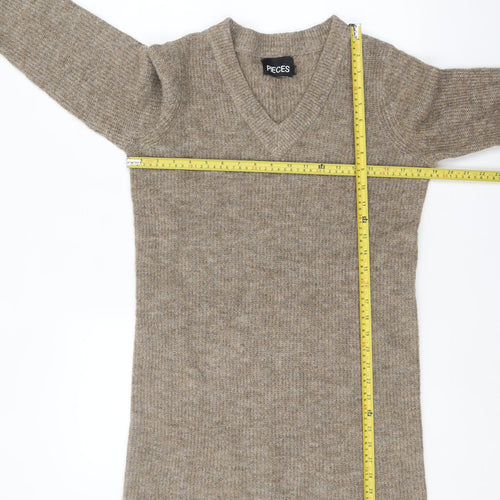 Pieces Women Beige V-Neck Long Sleeve Knit Jumper Size S