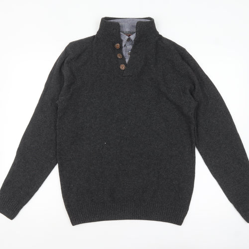 Next Men’s Grey Henley Jumper Medium Wool Blend High Neck