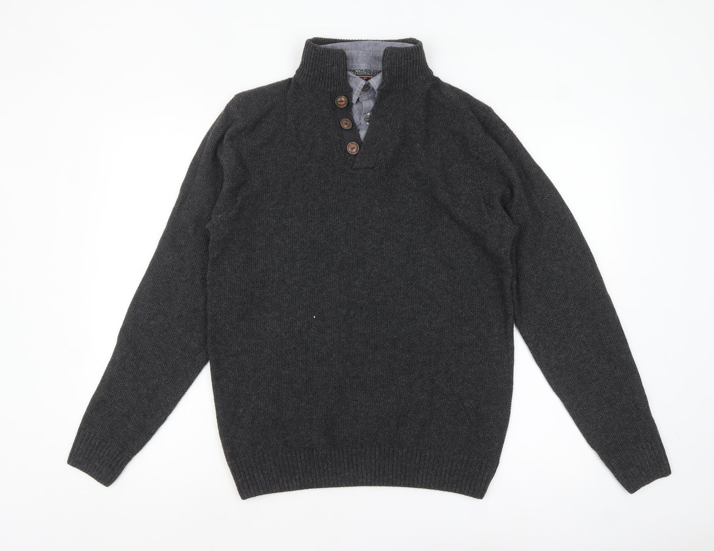 Next Men’s Grey Henley Jumper Medium Wool Blend High Neck