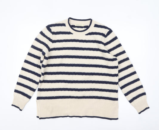 WoolOvers Women Beige Navy Striped Knit Jumper Size M
