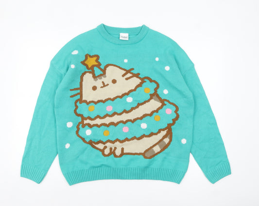 Pusheen Women's Blue Christmas Cat Jumper Pullover Small