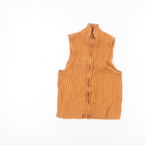Zara Women Brown Ribbed Knit Sleeveless Zip High Neck Cropped Top S