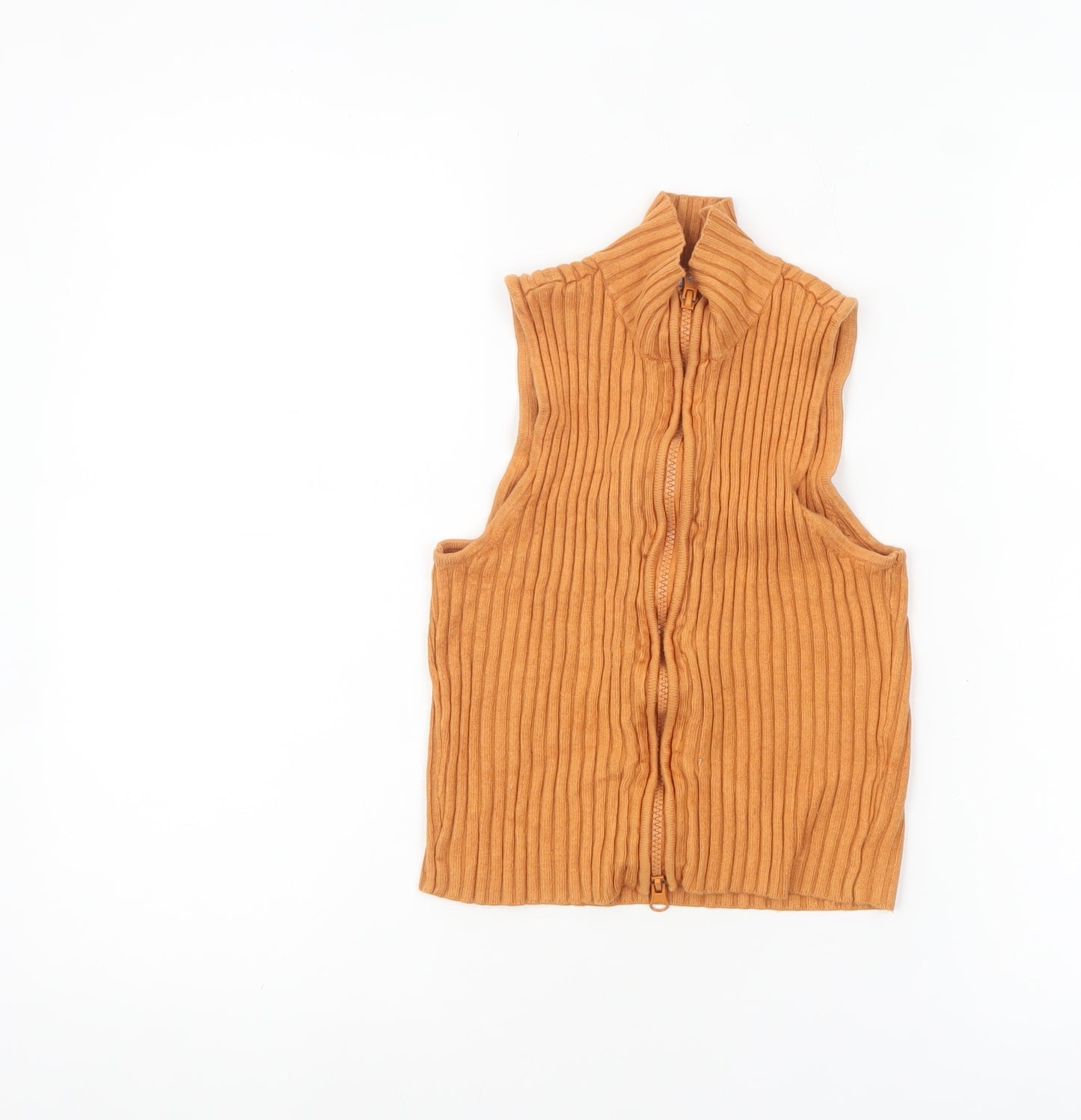 Zara Women Brown Ribbed Knit Sleeveless Zip High Neck Cropped Top S