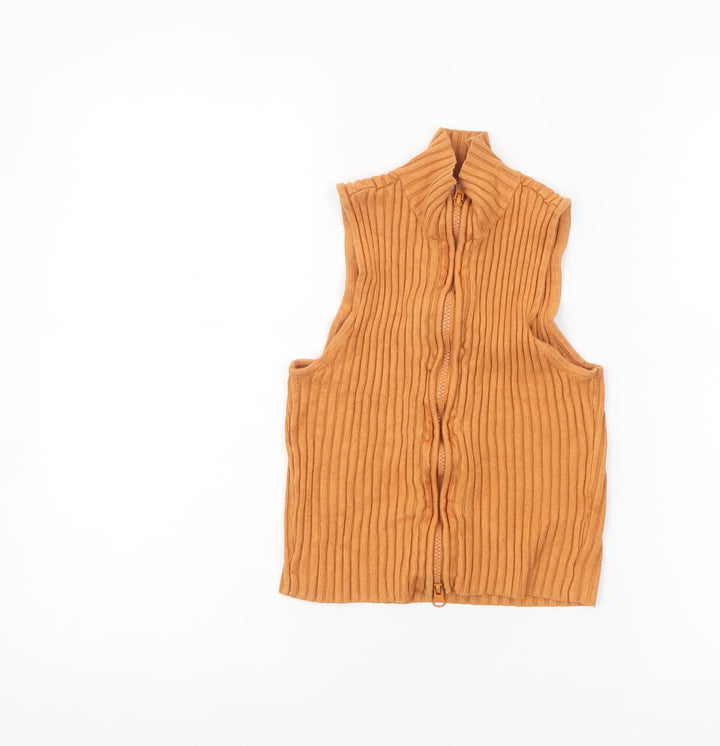 Zara Women Brown Ribbed Knit Sleeveless Zip High Neck Cropped Top S
