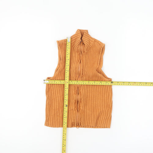Zara Women Brown Ribbed Knit Sleeveless Zip High Neck Cropped Top S