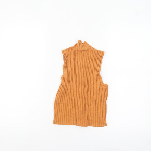 Zara Women Brown Ribbed Knit Sleeveless Zip High Neck Cropped Top S