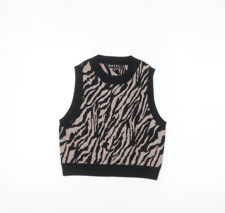 Motel Womens Beige Black Animal Print Knit Sleeveless Vest XS