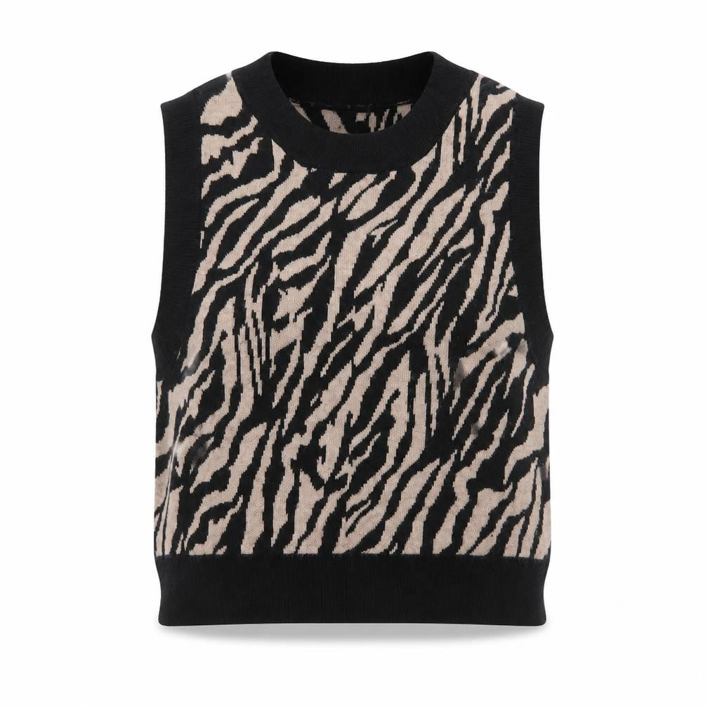 Motel Womens Beige Black Animal Print Knit Sleeveless Vest XS