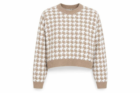 Front view of Hollister Women’s Beige Houndstooth Knit jumper, size S