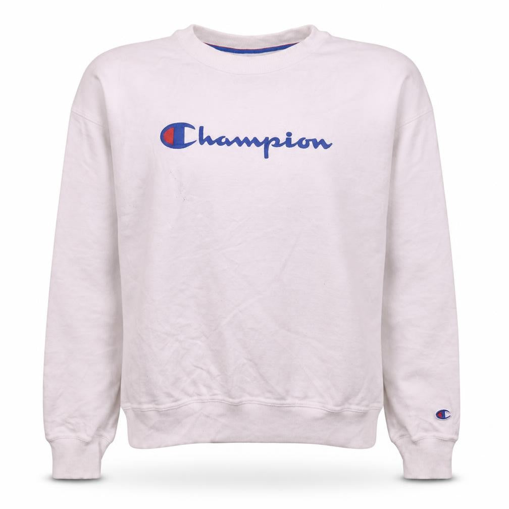 Front view of Champion Women's White Small Pullover Sweatshirt Classic Logo
