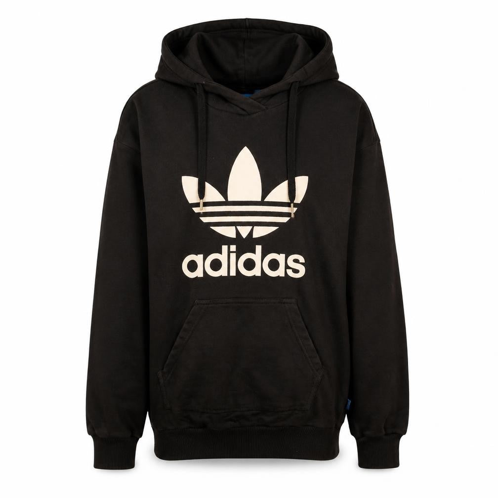Front view of Adidas women’s black pullover hoodie, size UK 6, logo print casual