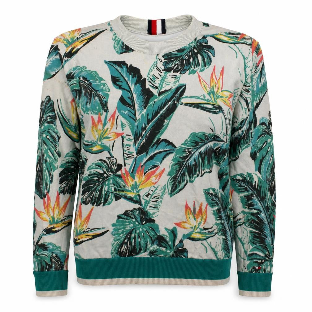 Front view of Tommy Hilfiger Women's Blue Tropical Floral Pullover Sweatshirt, size S