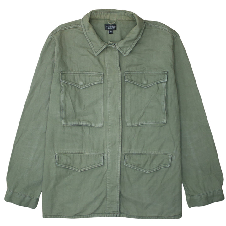 Topshop Women Green Cotton Button-Up Shirt UK 16 Military Style