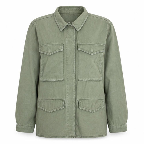 Topshop Women Green Cotton Button-Up Shirt UK 16 Military Style
