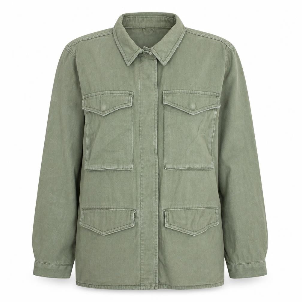 Topshop Women Green Cotton Button-Up Shirt UK 16 Military Style